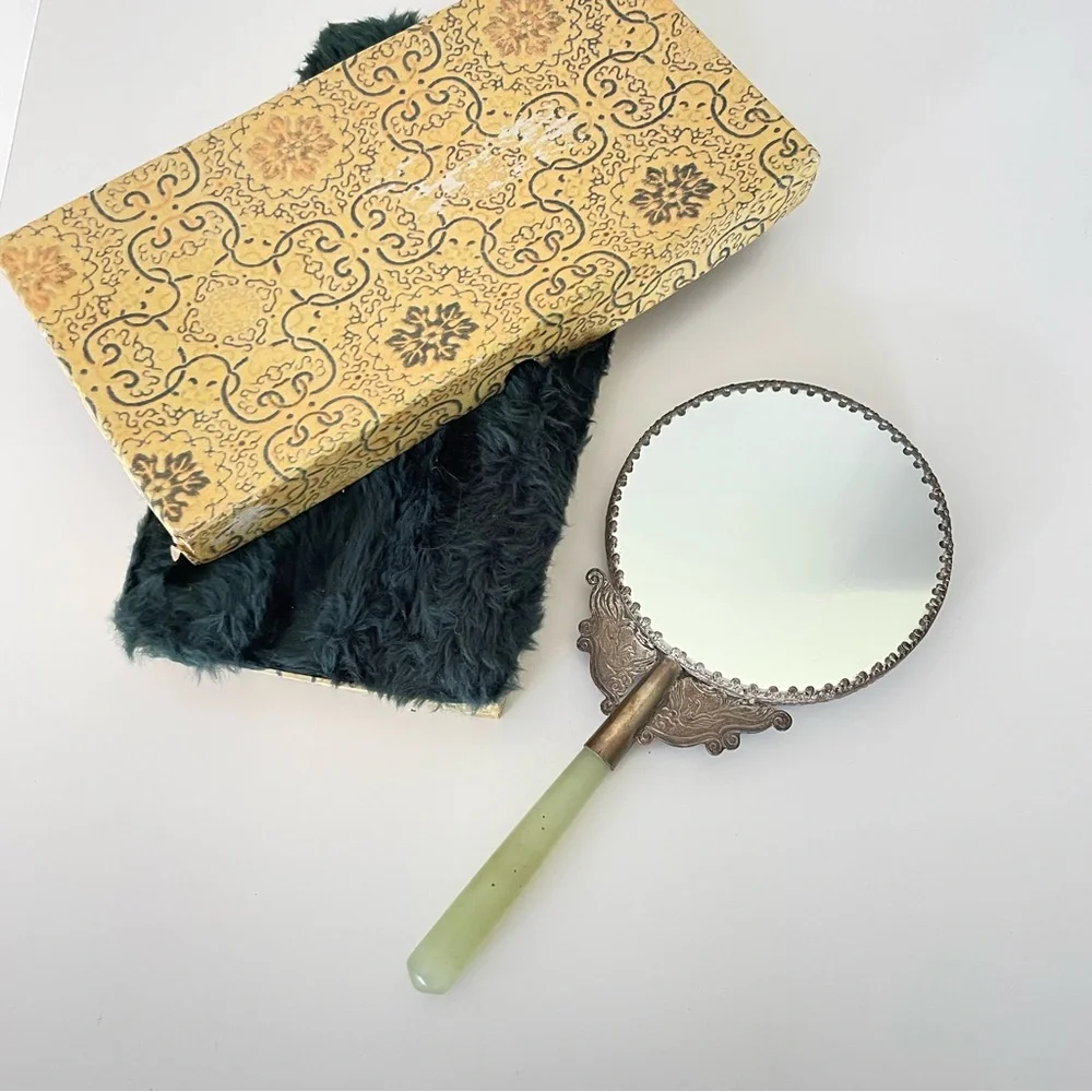 Vintage hand held vanity mirror jade handle silver tone birds floral metal